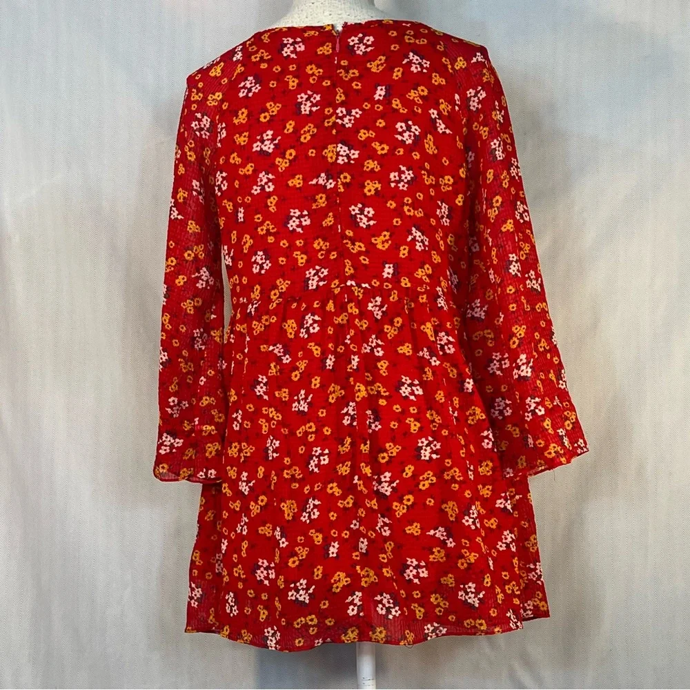 Free People Mini Dress Babydoll Red Floral Seersucker Chiffon Smocked Bodice 4 👍